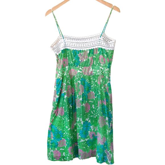 Milly Floral Sun Dress Ping Green Blue Retro Lace Trim - Picture 7 of 8